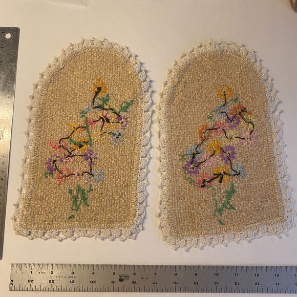 VTG Crocheted Embroidered Chair Head & Arm Cover Protectors Cotton Grannycore - Picture 8 of 15